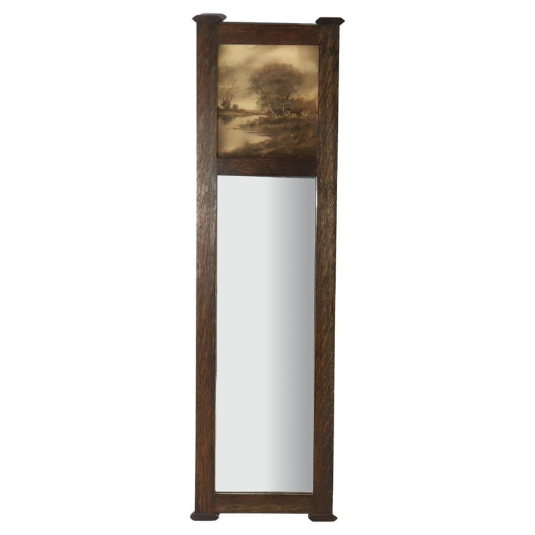 43" Stickley Form Arts & Crafts Oak Trumeau Printed Landscape Wall Mirror C1920: Large Stickley Style Arts & Crafts Oak Trumeau wall mirror with upper panel having print of landscape painting, c1920. Measures - 43 1/4" x 12 3/4" x 1". *** OPTIONAL IN-HOUSE SHIPPING & DELIVERY - Wh