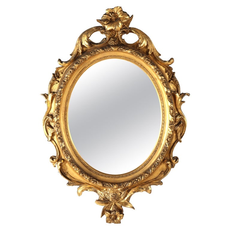 Louis XIV Floral Carved 37" Giltwood Oval Wall Mirror C1880 (1 of 8)
