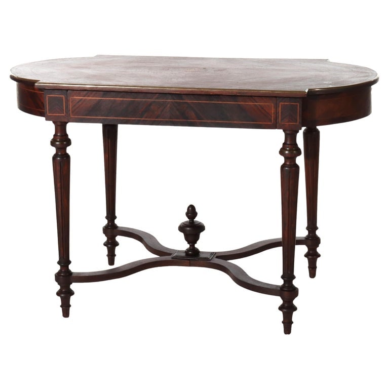 Louis XVI Rosewood, Marquetry & Inlaid Table with Drawer C1880: Measures - 29"H x 45.5"W x 25.25"D. This Louis XVI style table, dating back to circa 1880, showcases the craftsmanship of the period. Made from rosewood, it features intricate marquetry and classical 