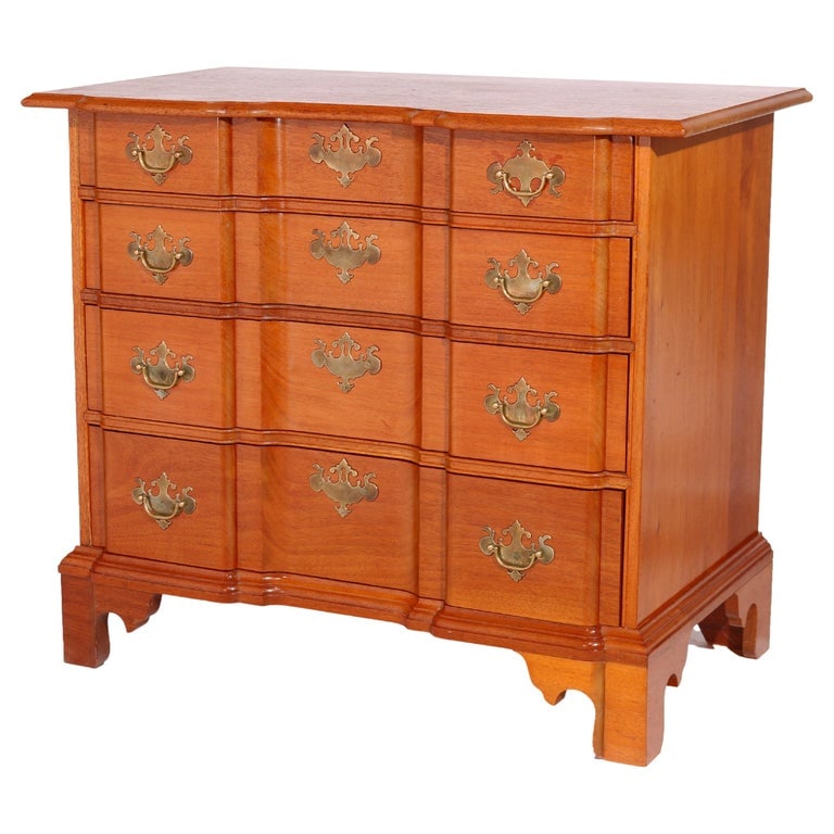 English Chippendale Style Block Front Chest, Bartley Collection 20th C: An English Chippendale style block front chest from the Bartley Collection, dating to the 20th century. This piece features a block front design with three drawers, each with ornate brass hardware. Th