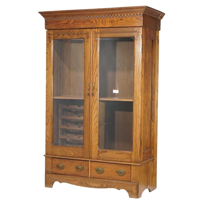 Carved Oak Double Door Bookcase With Wine Rack C1920 (1 of 20)
