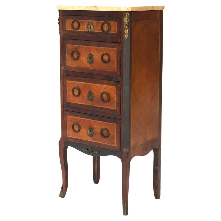 Satinwood, Rosewood & Ormolu Marble Top Lingerie Chest C1900: This exquisite lingerie chest from circa 1900 showcases a harmonious blend of satinwood and rosewood, accented with ornate ormolu mounts. The piece features a luxurious marble top, adding elegance and