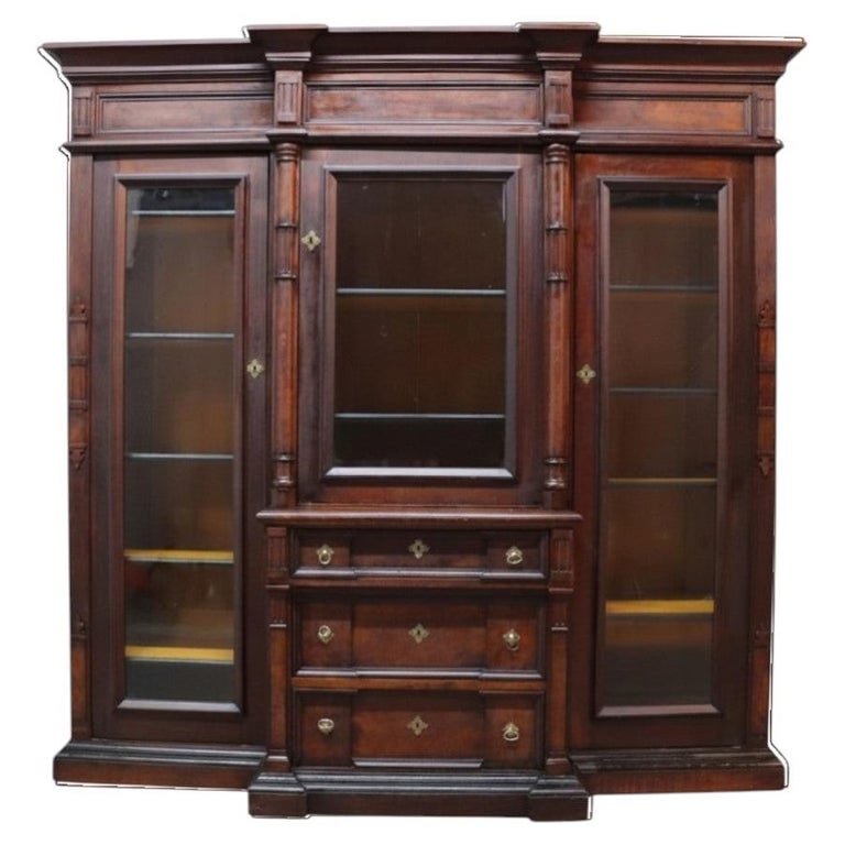 Oversized Victorian Walnut & Burl Triple Door Secretary Desk & Bookcase C1880: An impressive oversized Victorian secretary desk and bookcase crafted from walnut and burl wood, dating to approximately 1880. This substantial piece features a triple-door design, with two outer glas