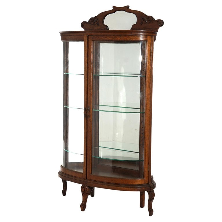 RJ Horner School Carved Oak & Curved Glass Mirrored China Cabinet C1910 (1 of 17)