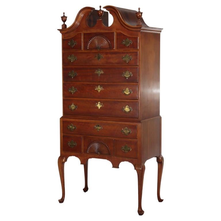 Kindel Queen Anne Style Cherry 11-Drawer Chest With Carved Shell C1930: Antique Kindel Queen Anne Style Cherry 11-Drawer Chest With Carved Shell Medallions, Turned Finials and Raised on Cabriole Legs, Signed, with Working Key, C1930. Measures - 77" x 38" x 21 1/2". *** OP