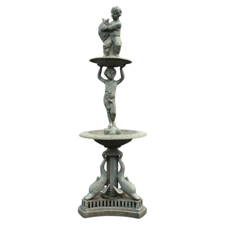 Vintage Figural Cherub & Dolphon Cast Iron Garden Fountain Mid 20thC (1 of 10)