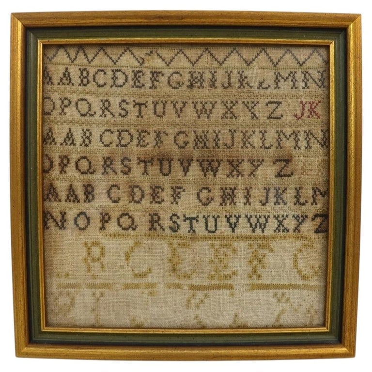 Framed Irish Alphabet Sampler C1841: Antique Irish Alphabet Sampler C1841. Measures - 9"H x 9"W x .75"D. *** OPTIONAL IN-HOUSE SHIPPING & DELIVERY - While onsite retrieval is always welcome at no charge, IN-HOUSE SHIPPING & DELIVERY for 