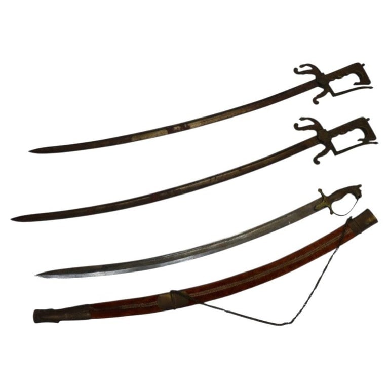 2 Arabian Moroccan Nimcha Swords & Indian Talwar Sword With Sheath: 2 Arabian Moroccan Nimcha Swords & Indian Talwar Sword With Sheath. Measures - 40.25"H x 5.75"W x 1"D (Largest). *** OPTIONAL IN-HOUSE SHIPPING & DELIVERY - While onsite retrieval is always welcome