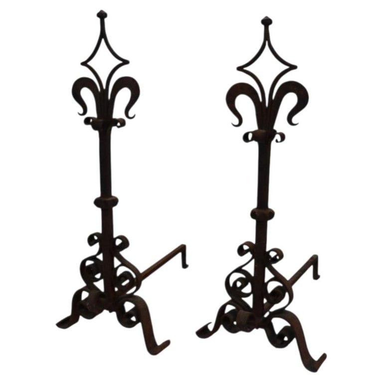 Pair Roycroft Style Arts & Crafts Wrought Iron Andirons C1900: Pair Of Roycroft Style Arts & Crafts Wrought Iron Andirons C1900. Measures - 29.5"H x 12.25"W x 23.5"D. *** OPTIONAL IN-HOUSE SHIPPING & DELIVERY - While onsite retrieval is always welcome at no charg