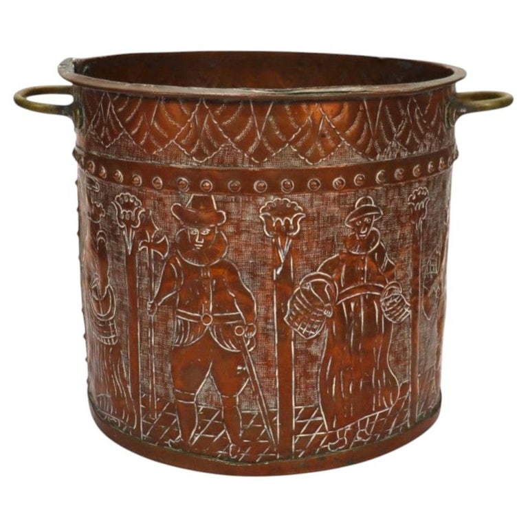 Hammered Copper Fireplace Bucket With Detailed Figural Repousse Work 19thC: Hammered Copper Fireplace Bucket With Detailed Figural Repousse Work 19thC. Measures - 12"H x 13.5"W x 13.5"D. *** OPTIONAL IN-HOUSE SHIPPING & DELIVERY - While onsite retrieval is always welcome at