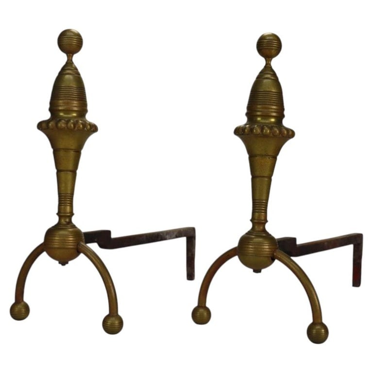 Pair Antique Aesthetic Movement Brass & Iron 18" Andirons c1880: Pair Of Antique Aesthetic Movement Brass & Iron Andirons With Original Patina C1880. Measures - 18"H x 9.25"W x 20.75"D. *** OPTIONAL IN-HOUSE SHIPPING & DELIVERY - While onsite retrieval is always we