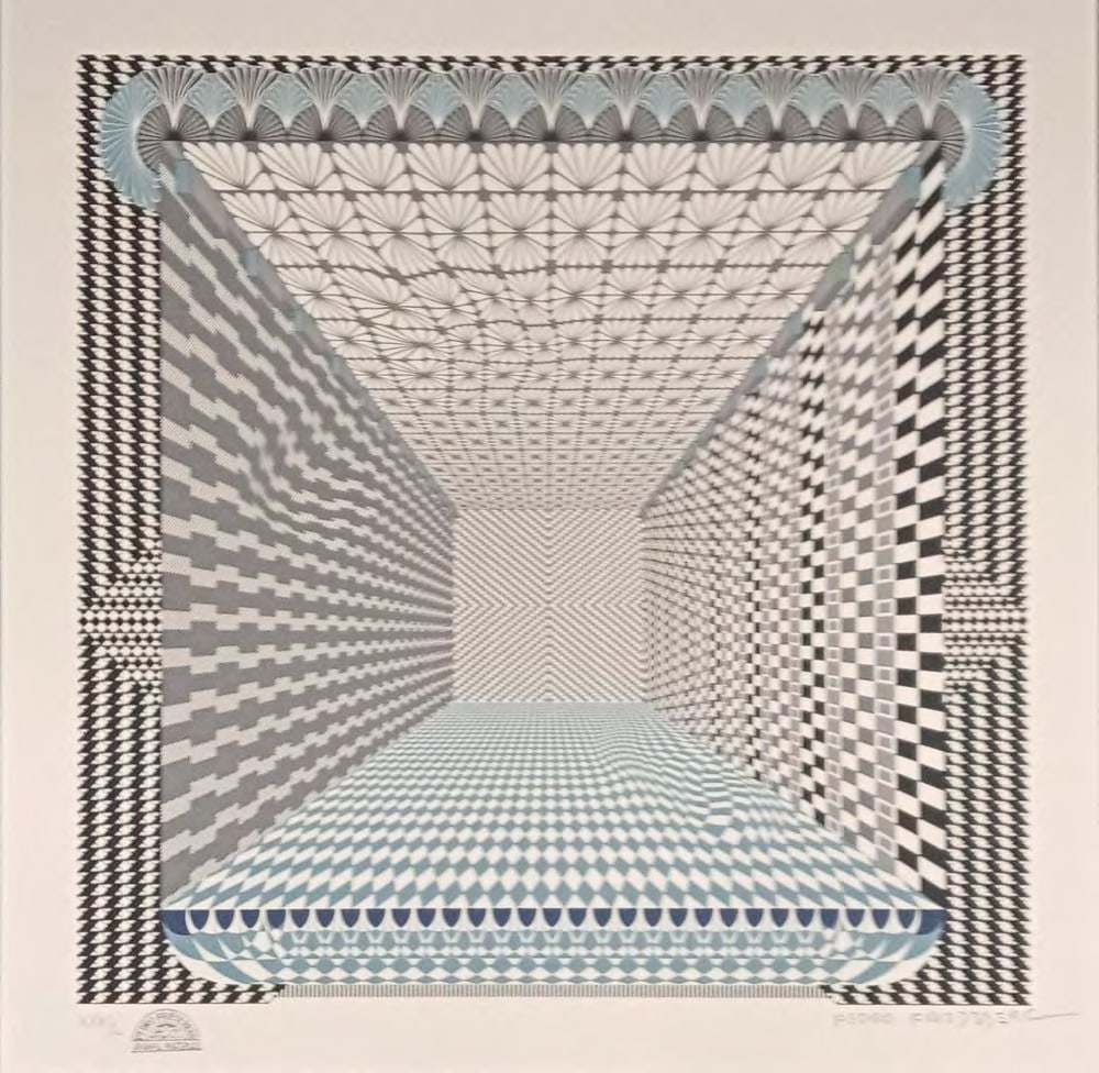 Pedro Friedeberg, RESTAURANTE VEGANO SIN AMUEBLAR: Screen print signed with pencil by the artist and numbered with certificate of authenticity. 24.5 x 24.5 in./ 62 x 62 cm (without frame). This lot is Located in The Woodlands Houston Texas.