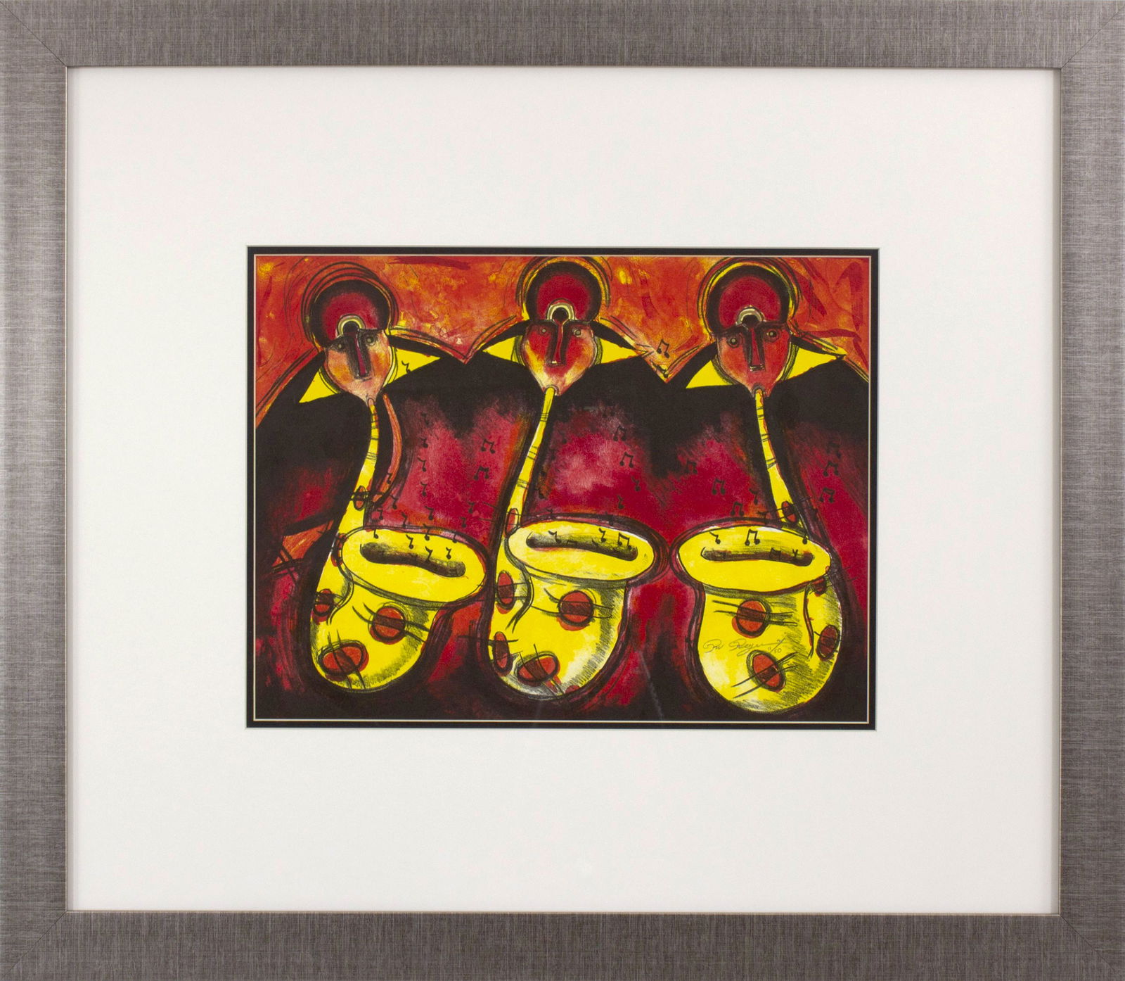 Rolando Rojas, SAXOFON: Screen print on paper signed and numbered with certificate of authenticity. 24.4 x 28.3 in (wtih frame). This lot is located in Queretaro, Mexico