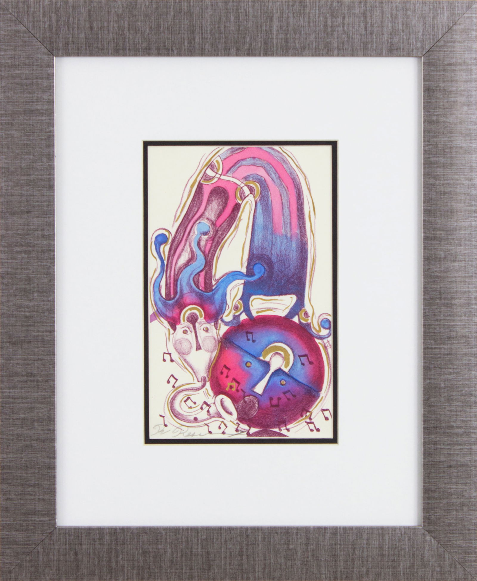 Rolando Rojas, COMPARTIENDO MUSICA: Drawing on signed paper with certificate of authenticity. 14.6 x 16.9 in (wtih frame). This lot is located in Queretaro, Mexico