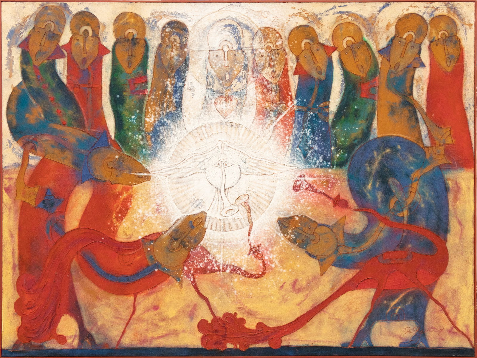 Rolando Rojas, LA ULTIMA CENA: Mixta sobre lienzo firmado con certificado de autenticidad. 152 x 203 cm (sin marco). Este lote se encuentra en Queretaro, Mx