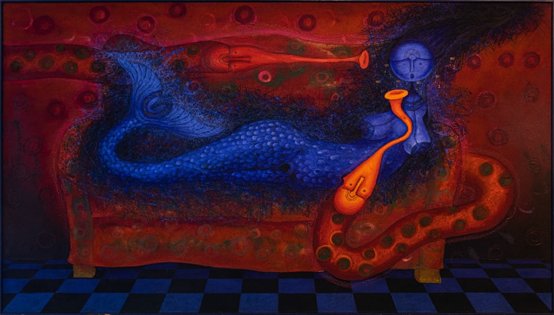 Rolando Rojas, LA SIRENA Y LA SERPIENTE: Oleo y arena sobre lienzo firmado con certificado de autenticidad. 152 x 252 cm (sin marco). Este lote se encuentra en Queretaro, Mx
