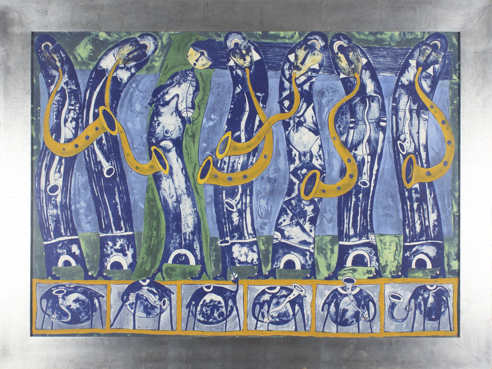 Rolando Rojas, SAXOFONISTAS: Litografia intervenida sobre papel firmada y numerada con certificado de autenticidad. 94 x 127 cm (con marco). Este lote se encuentra en Queretaro, Mx