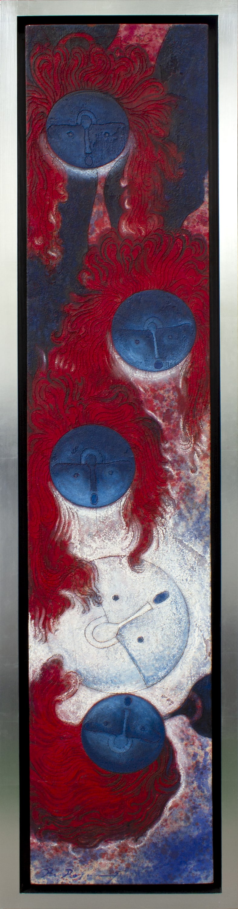 Rolando Rojas, CARAS AZULES: Oleo y tierra sobre lino firmado con certificado de autenticidad. 213 x 51 cm (con marco). Este lote se encuentra en Queretaro, Mx