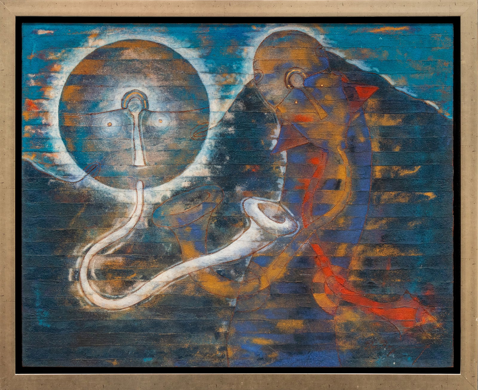 Rolando Rojas, LUNA NOCTURNA: Mixta sobre lienzo firmada con certificado de autenticidad. 90 x 111 cm (con marco). Este lote se encuentra en Queretaro, Mx