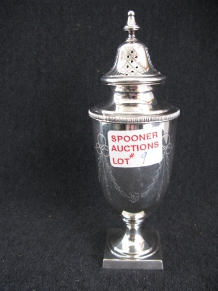 SUGAR SHAKER: SILVER SQUARE MOUNTED SUGAR SHAKER WITH BLUE BELL SWAG DESIGN, EARLY 20TH CENTURY