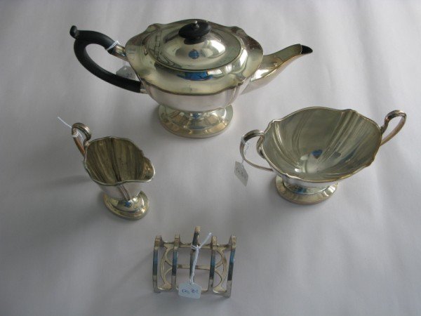 EDWARDIAN TEA SERVICE & TOAST RACK: THREE PIECE EDWARDIAN TEA SERVICE, PLUS SMALL TOAST RACK FROM THE ROWNTREE FAMILY OF ENGLISH TOFFEE FAME