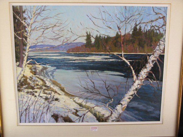 BRUCE HEGGTVEIT, OIL ON BOARD: BRUCE HEGGTVEIT, CANADIAN, (1917-2004), OIL ON BOARD, SPRING ICE GATINEAU RIVER, SIGNED & DATED