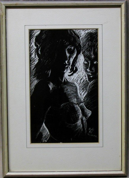 G. KIT THORNE, OIL ON BOARD: GORDON KIT THORNE, CANADIAN, (1896-1981), SCRATCH ART DEPICTING A NUDE FIGURE, 6" X 10"