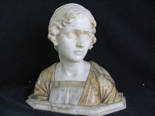FRENCH MARBLE BUST OF A YOUNG LADY BY MIGNON: FRENCH MARBLE BUST OF A YOUNG LADY BY MIGNON. SIGNED ON THE THE FRONT MARBLE SUPPORT & ON SUBJECTS VERSO, MINUTE CHIPS TO THE STAND, 14"H X 13"W