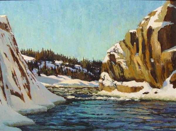 OIL ON BOARD, BRUCE HEGGTVEIT: OIL ON BOARD, BRUCE HEGGTVEIT,CANADIAN, (1917-2004), #654, "NORTHERN RIVER" "THE NAHANI",1974, 18" X 24". PRIVATE COLLECTION, GOOD CONDITION