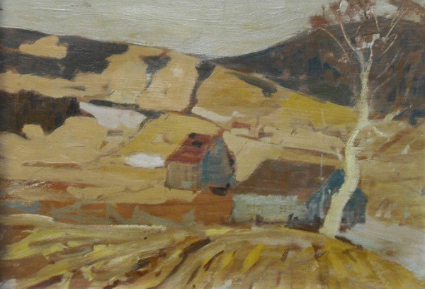 OIL ON BOARD, RENE JEAN RICHARD, R.C.A., CANADIAN: OIL ON BOARD, RENE JEAN RICHARD, R.C.A., CANADIAN, (1895-1982), "LE VILLAGE", 8" X 12". AQUIRED FROM THE ARTIST BY A DECENDANT OF THE CONSIGNOR, GOOD CONDITION