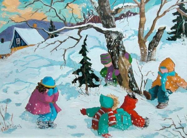 OIL ON BOARD, PAULINE THIBODEAU PAQUIN : OIL ON BOARD, PAULINE THIBODEAU PAQUIN, CANADIAN, (1952-?), CACHE CACHE", 12" X 16". PRIVATE COLLECTION, GOOD CONDITION