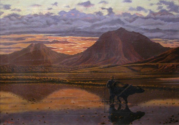 OIL ON CANVAS, EARLY 20TH C, A. IONOV, RUSSIAN : OIL ON CANVAS, EARLY 20TH C, A. IONOV, RUSSIAN, "WORKING THE RICE FIELDS AT DUSK", 18" X 25". PRIVATE COLLECTION, GOOD CONDITION