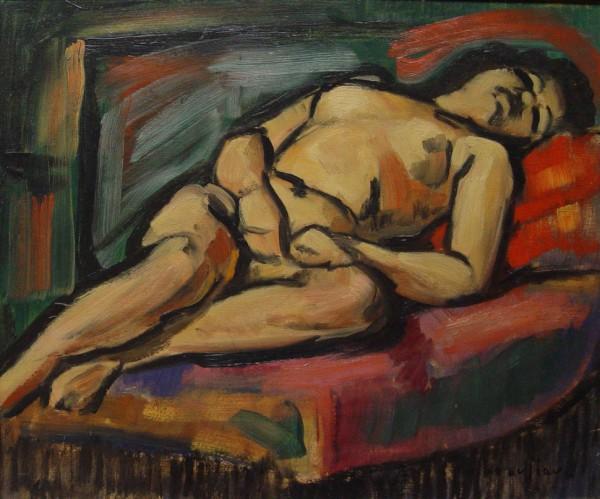 OIL ON BOARD, PAUL VANIER BEAULIEU R.C.A, CANADIAN: OIL ON BOARD, PAUL VANIER BEAULIEU R.C.A, CANADIAN, (1910-1996), "NUE ALLONGE", 15" X 18". GALLERIE D'ART VINCENT, PRIVATE COLLECTION. GOOD CONDITION