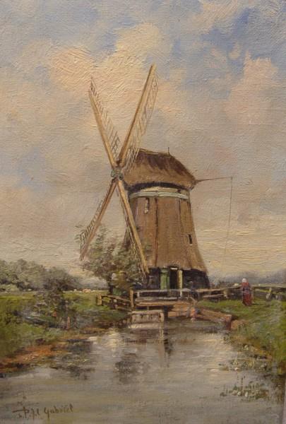 OIL ON BOARD, ATTRIBUTED TO PAUL JOSEPH C. GABRIEL: OIL ON BOARD, ATTRIBUTED TO PAUL JOSEPH CONSTANTIN GABRIEL, DUTCH, (1828-1903), DUTCH WINDMILL BESIDE POND, 7" X 10 1/2". PRIVATE COLLECTION, GOOD CONDITION