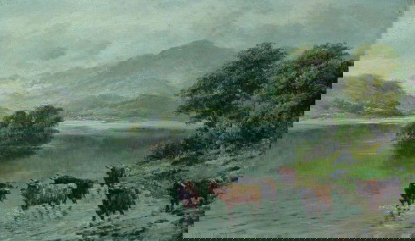 OIL ON CANVAS, WILLIAM LANGLEY, ENGLISH: OIL ON CANVAS, WILLIAM LANGLEY, ENGLISH, (1852-1922), CATTLE IN THE SHALLOWS AT LOCH KATRINE, 12" X 20". PRIVATE CONDITION, GOOD CONDITION