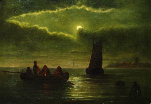 OIL ON CANVAS, EARLY 19TH C., SIGNED INDISTINCTLY: OIL ON CANVAS, EARLY 19TH C DUTCH. SIGNED INDISTINCTLY, FISHING UNDER THE MOONLIGHT, 19" X 26",. PRIVATE COLLECTION, GOOD CONDITION