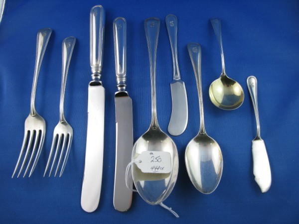 BIRKS STERLING & PLATE "SAXON' PATTERN FLATWARE SE: BIRKS STERLING & PLATE "SAXON' PATTERN FLATWARE SERVICE FOR SIX, DINNER KNIVES & FORKS, LUNCHEON KNIVES & FORKS, DINNER SPOONS, DESSERT FORKS, BUTTER KNIVES, TWO TABLE SPOONS, BUTTER SPREAD & LADLE. P