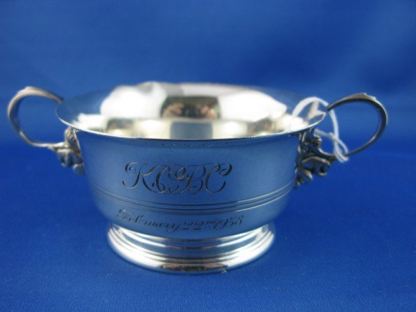 MAPPIN AND WEBB STERLING PORRINGER: MAPPIN AND WEBB STERLING PORRINGER WITH SQUIRREL FORM HANDLE SUPPORTS, INSCRIBED KCBC FEB 22-1938, 5.6 OUNCES, 4"D