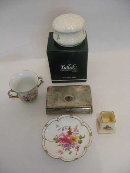 PIECES OF BELLEEK, ETC.: ASSORTED LOT, BELLEEK RECEIVER, ROYAL BONN CUP, 19TH C BANK, ROYAL CROWN DERBY AND ROYAL WINTON