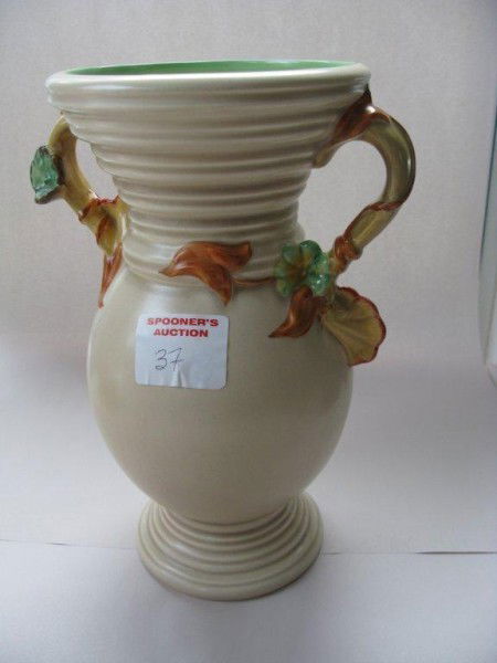 CLARICE CLIFF VINE AND FLORAL HANDLE BULBOUS VASE: CLARICE CLIFF VINE AND FLORAL HANDLE BULBOUS VASE, NEWPORT POTTERY 903, 13" H