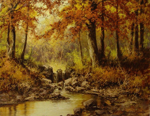 LASZLO NEOGRADY, HUNGARIAN, OIL ON CANVAS LAID: LASZLO NEOGRADY, HUNGARIAN, OIL ON CANVAS LAID ON BOARD,"AUTUMN FOREST AND RIVER",24" X 30"