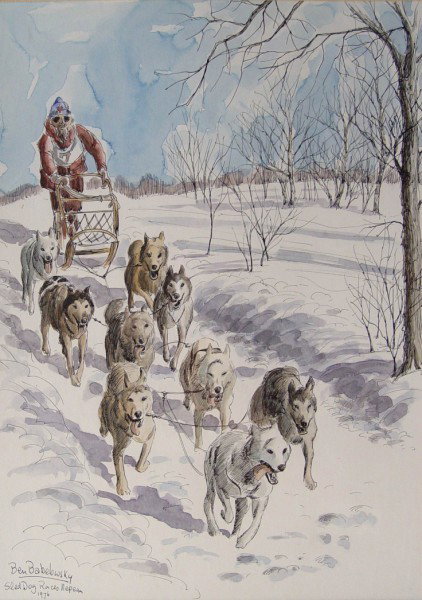 BEN BABELOWSKY, WATERCOLOUR : BEN BABELOWSKY, CANADIAN, WATERCOLOUR, SLED DOG RACE NEPEAN 1976, 13" X 18"