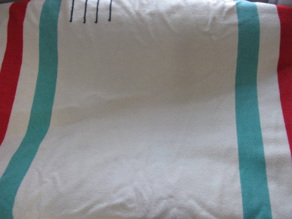 HUDSON'S BAY COMPANY POINT BLANKET: HUDSON'S BAY COMPANY FOUR POINT TRADING BLANKET, EACH POINT REPRESENTS A PELT. MADE IN ENGLAND, IN VERY GOOD CONDITION, 88" X 88"