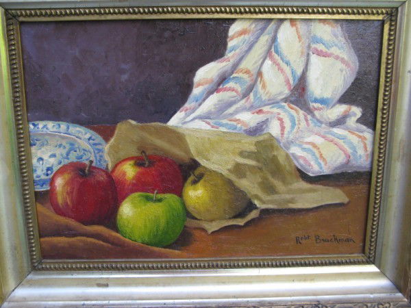 OIL ON CANVAS, ROBERT BRACKMAN: OIL ON CANVAS, ROBERT BRACKMAN, UKRAINIAN/AMERICAN, (1898-1980), STILL LIFE OF APPLES, 9 1/2" X 13 1/2"