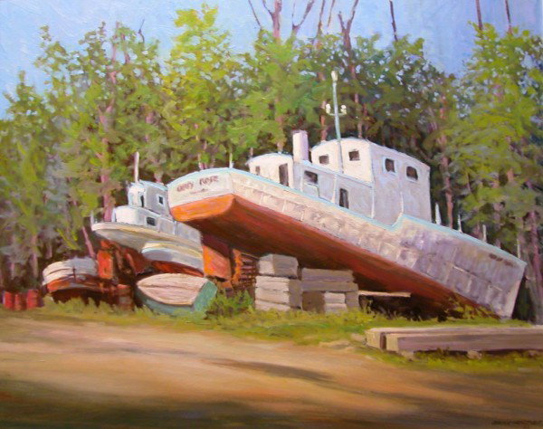 BRUCE ALLAN HEGGTVEIT OIL ON BOARD: CANADIAN, (1917-2003), "THE GYPSY ROSE IN DRYDOCK GATINEAU BOOM COMPANY, GATINEAU QUEBEC" 24" X 30"