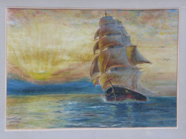 19TH CENTURY OIL ON CANVAS: CANADIAN SCENE OF SAILING SHIP UNDER FULL SAIL AT SUNSET, MONOGRAMMED BOTTOM RIGHT "OH" 9" X 13"
