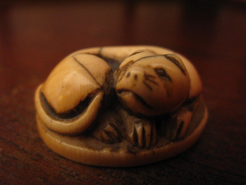 IVORY NETSUKE OF A RECUMBENT CAT: NETSUKE