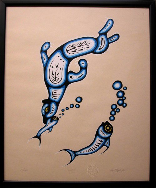 SILKSCREEN ON PAPER-ROGER KAKEPETUM, CANADIAN: WOODLAND ABORIGINAL ARTIST "FISHING", EMBOSSED SEAL, 100/295 20" X 24"