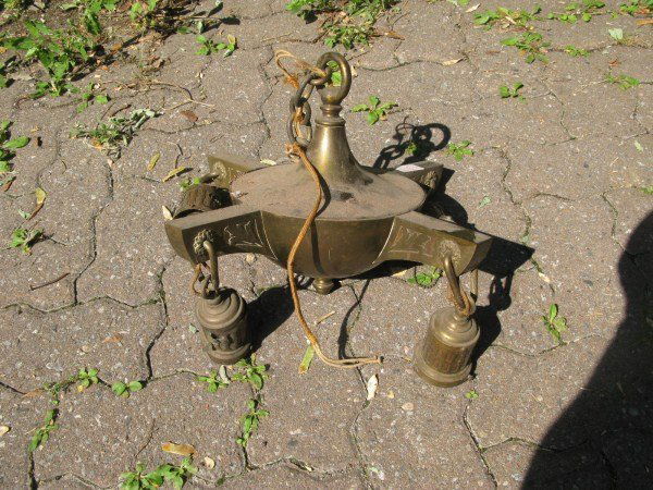 ART DECO STYLE BRASS HANGING LIGHT FIXTURE: WITH FOUR HANGING RECEPTACLES