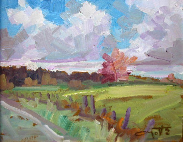 OIL ON BOARD - LEO AYOTTE: CANADIAN (1909 - 1976), "PAYSAGE D'AUTOMNE" 8" X 10"
